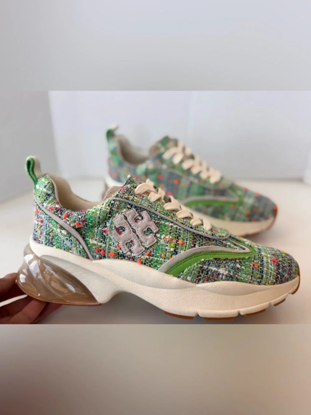 Tory Burch Women's Good Luck Trainer Sneakers Tweed Blue Green Size 8